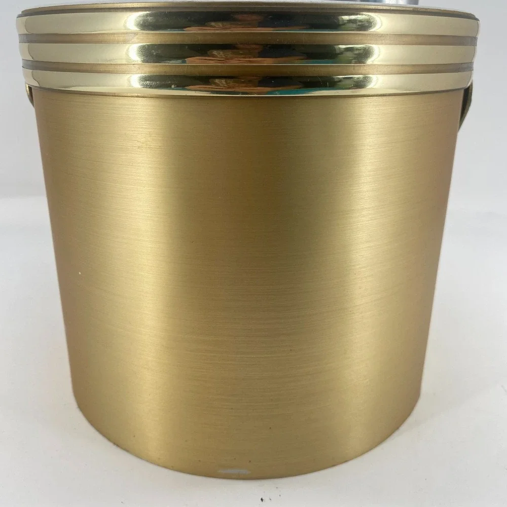 Vintage Ice Bucket Gold Toned with Lid and Ice Tongs Mid Century Barware Round